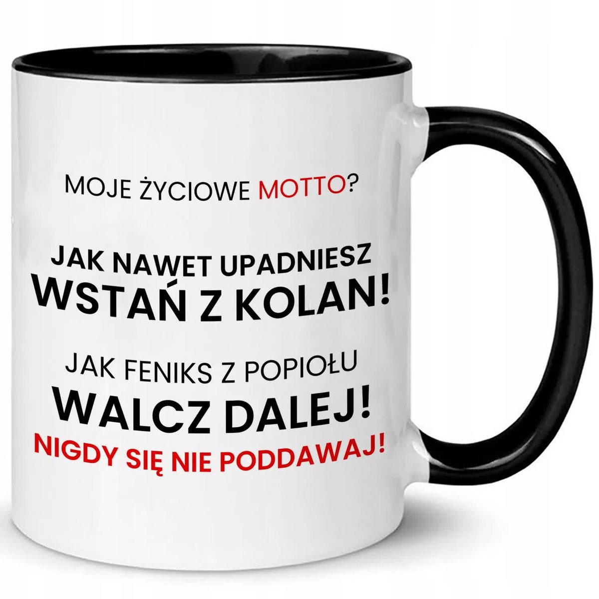 KUBEK BIAŁO-CZARNY IDEALNY PREZENT VIRAL NIGDY SIĘ NIE PODDAWAJ WZ