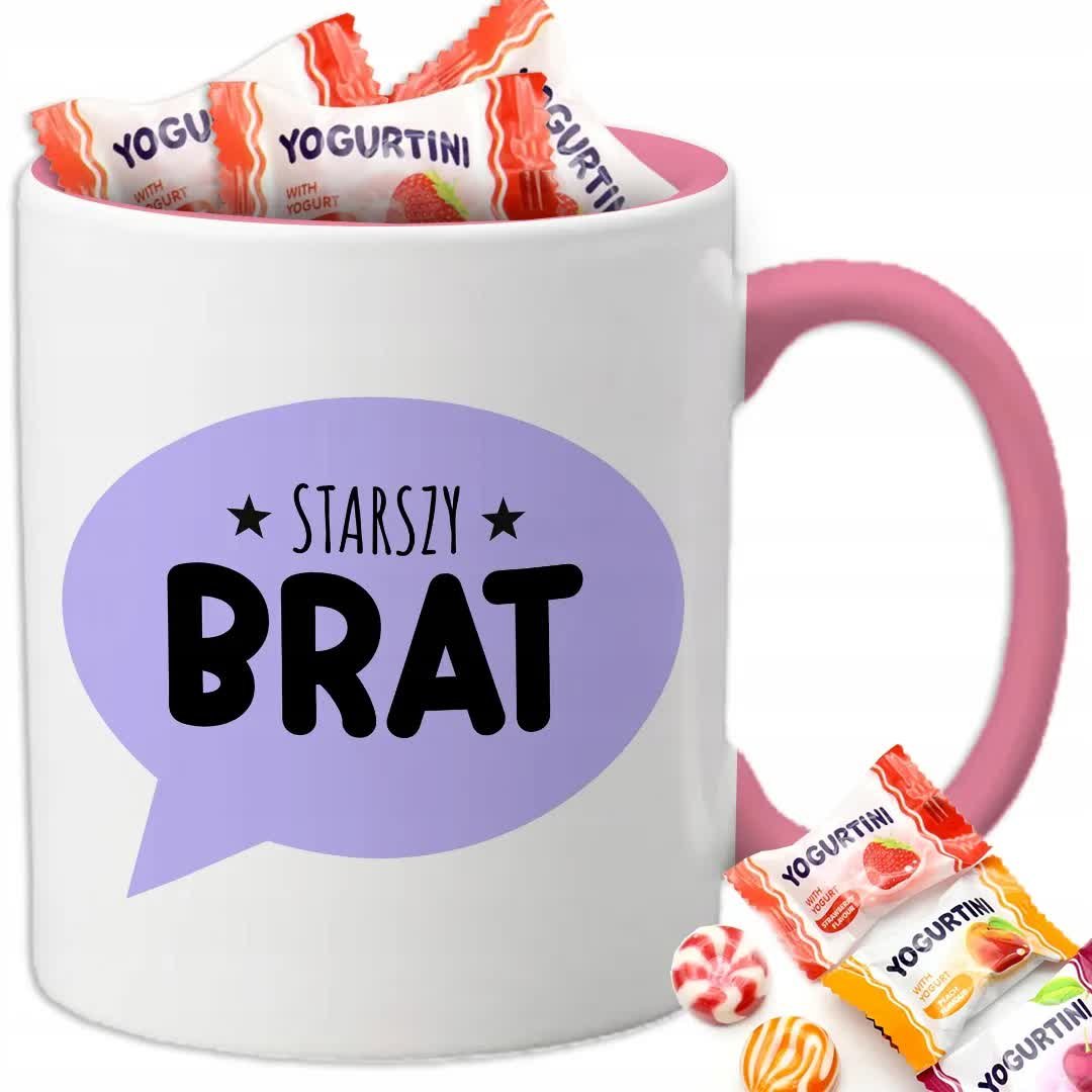 Kubek Z Nadrukiem STARSZY BRAT NA PREZENT DLA BRATA Biało Różowy