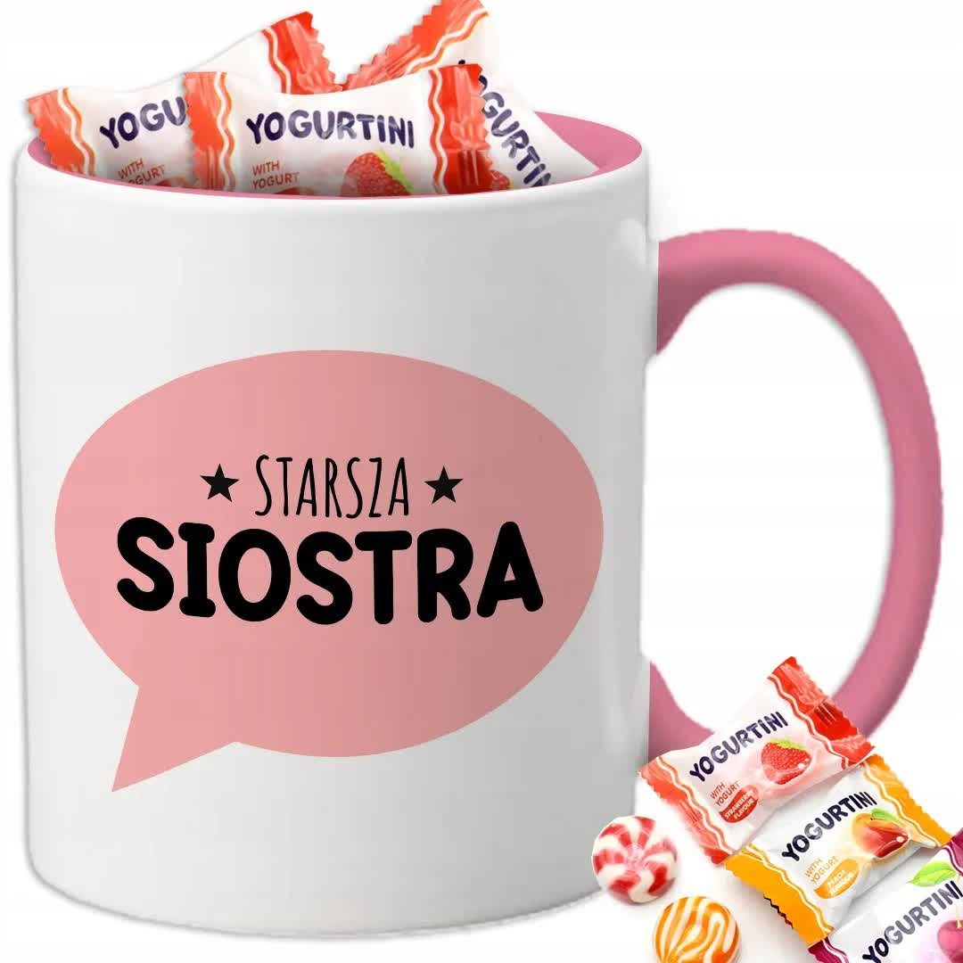 Kubek Z Nadrukiem STARSZA SIOSTRA NA PREZENT DLA SIOSTRY Biało Różowy