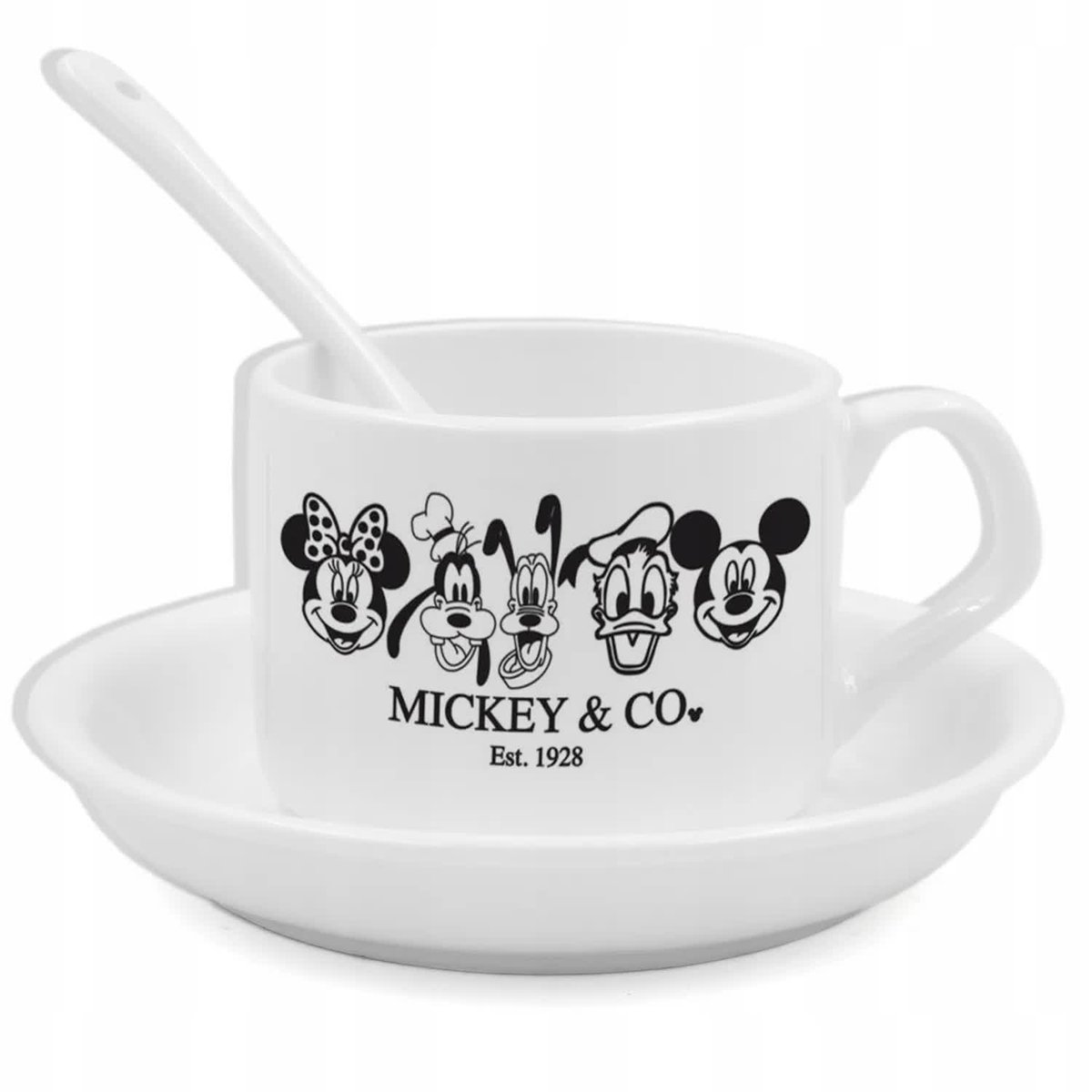 Zestaw Biały Filiżanka Podstawka Łyżeczka MICKEY &CO Słodkie Bajkowe Wzory