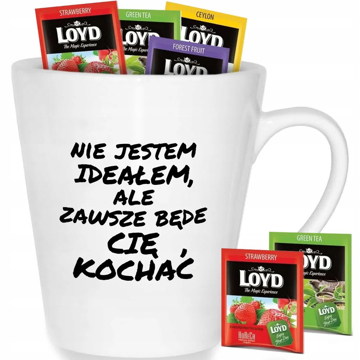 Kubek Biały Latte NIE JESTEM IDEAŁEM ALE KOCHAM CIĘ Wzory + 8 Loyd