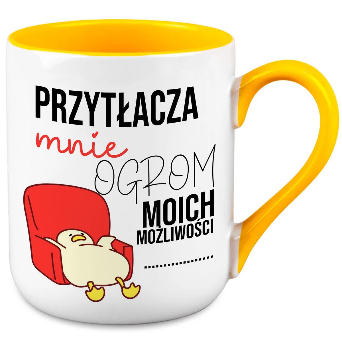 KUBEK ŻÓŁTY COFFE PREZENT DO PRACY PRZYTŁACZA MNIE OGROM MOŻLIWOŚCI WZORY