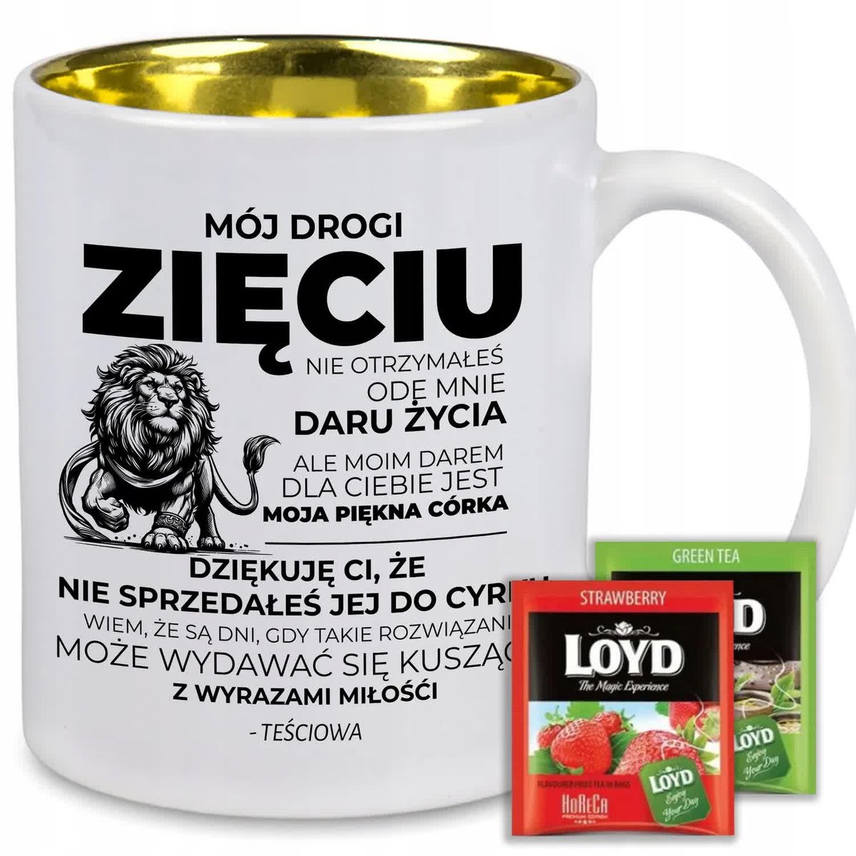 KUBEK WNĘTRZE BŁYSZCZĄCE ZŁOTE PREZENT DLA ZIĘCIA + 8 szt. loyd