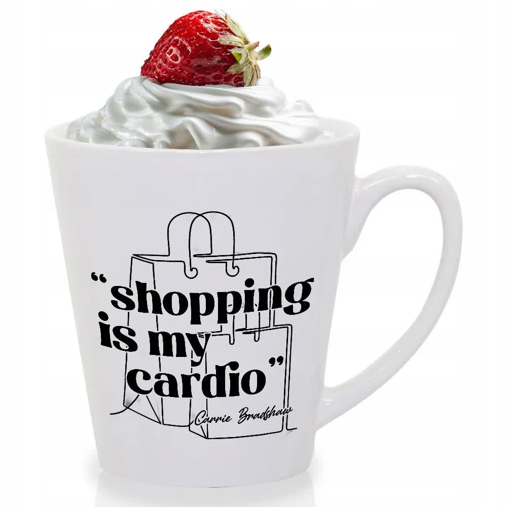 Kubek Latte Biały Elegancki SHOPPING IS MY CARDIO Prezent Dla Fanek Wzory