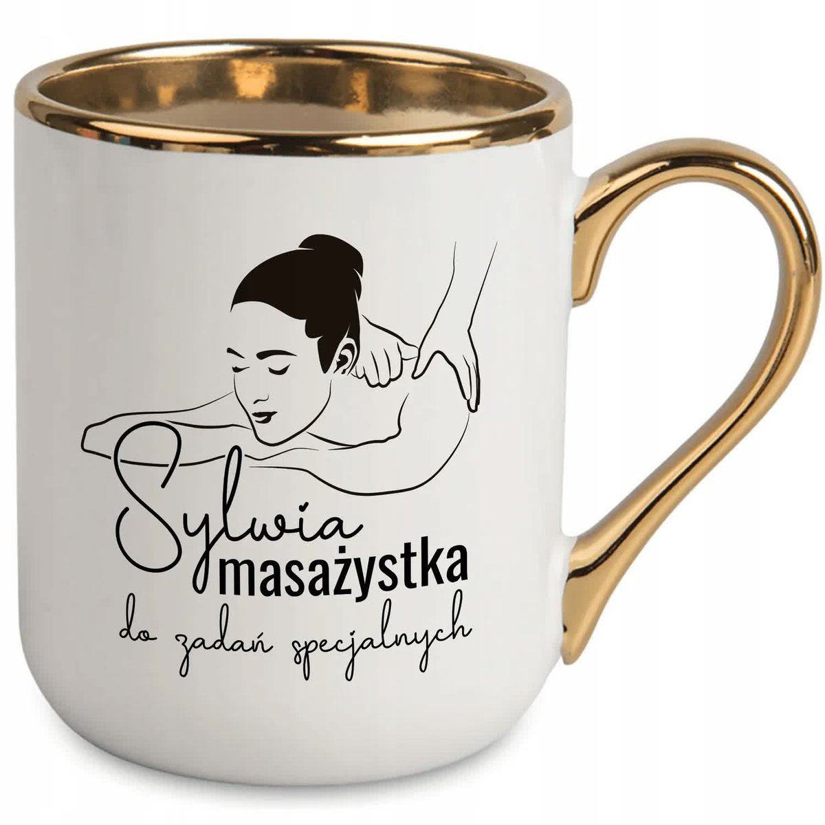KUBEK 330 ML BIAŁY UCHO RANT ZŁOTY PREZENT DLA MASAŻYSTKI TWOJE IMIĘ