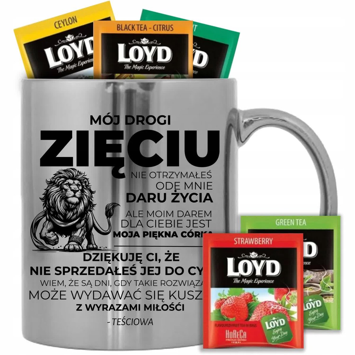 KUBEK SREBRNY PREZENT DLA ZIĘCIA URODZINY IMIENINY + HERBATA LOYD 8 SZT