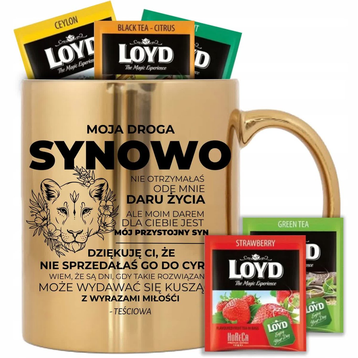 KUBEK ZŁOTY 300ML STYLOWY ZABAWNY PREZENT DLA SYNOWEJ HERBATA LOYD 8 SZT