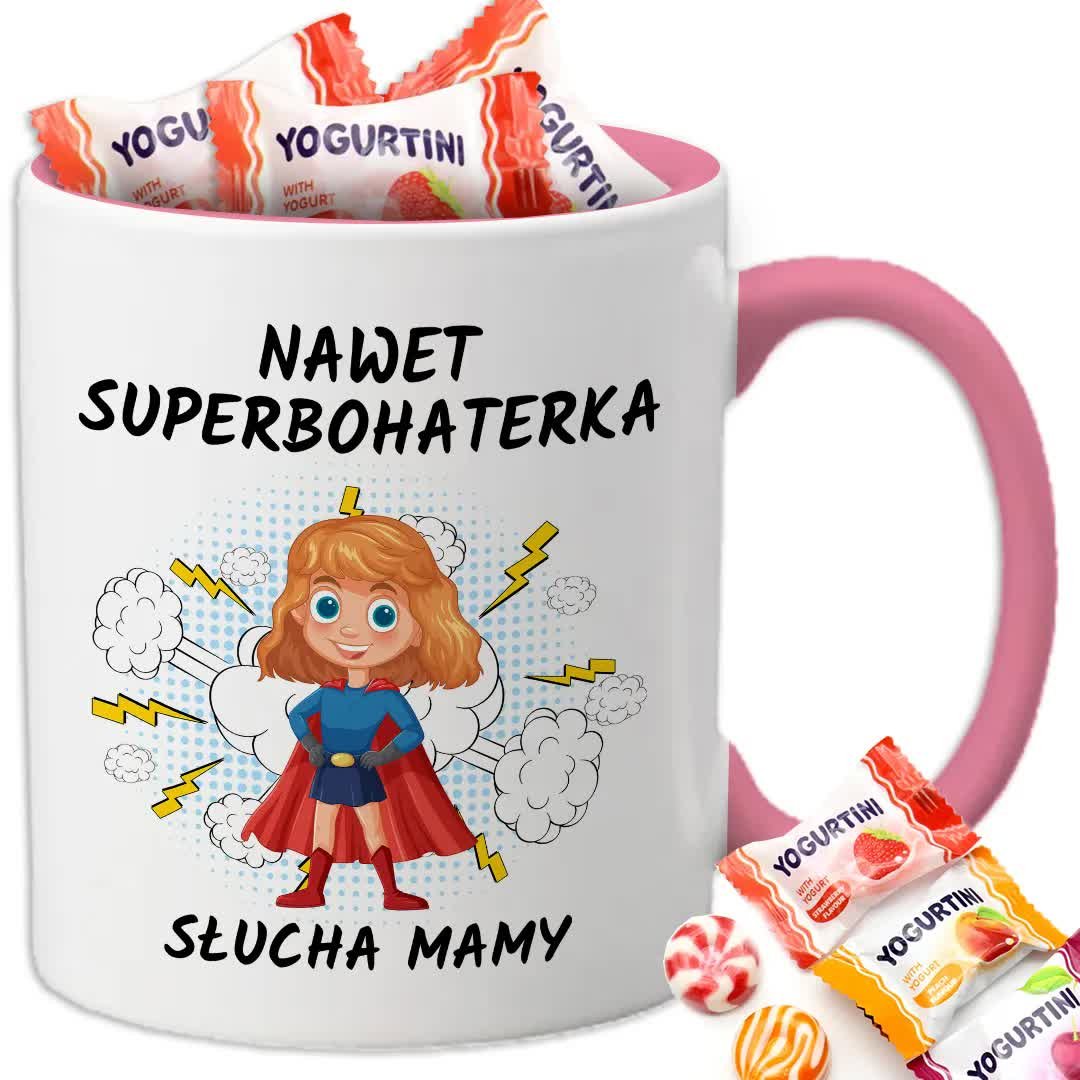 Kubek Z Nadrukiem NAWET SUPERBOHATERKA SŁUCHA MAMY Biało Różowy
