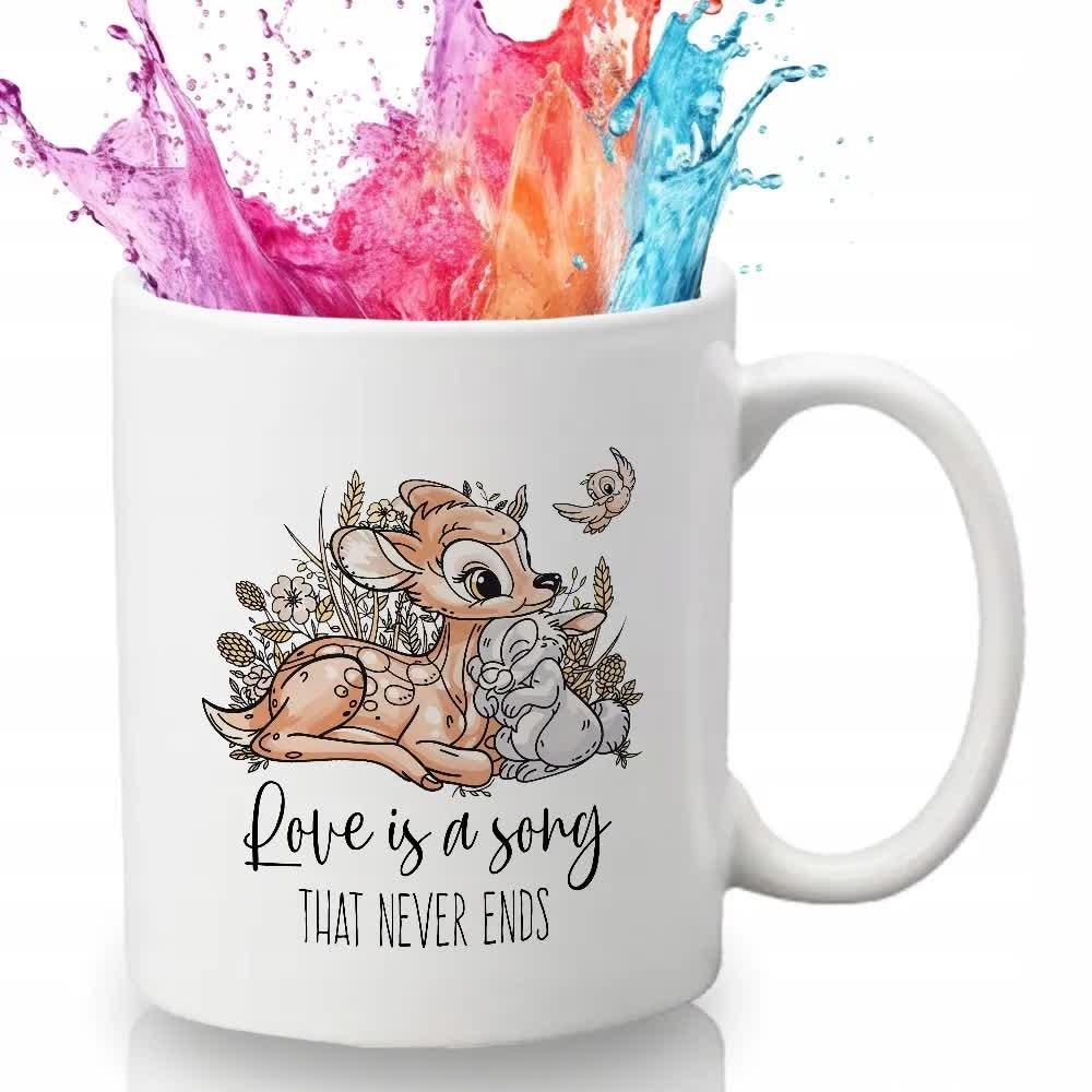 KUBEK BIAŁY Na Prezent Dla Fana Bambi LOVE IS A SONG THAT NEVER ENDS Wzory