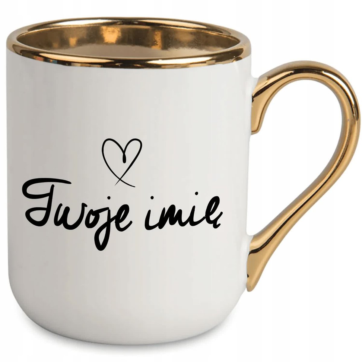 Kubek ELEGANT BIAŁY UCHO WNĘTRZE ZŁOTE TWOJĘ IMIĘ SERDUSZKO PERSONALIZOWANY
