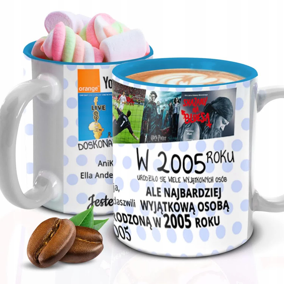 Kubek Z Nadrukiem PREZENT URODZINOWY IMIĘ Biało Błękitny Kreator