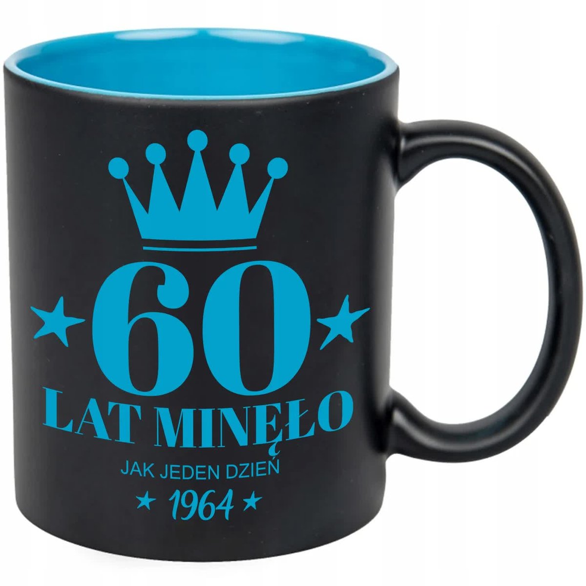 KUBEK CZARNY WNĘTRZE NIEBIESKIE IDEALNY PREZENT NA 60 URODZINY ROCZKNIK WZ