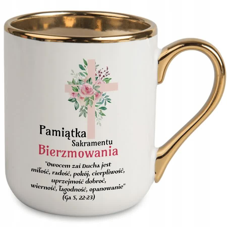 KUBEK ELEGANT BIAŁY PREZENT PAMIĄTKA SAKRAMENTU BIERZMOWANIA CYTATY WZORY