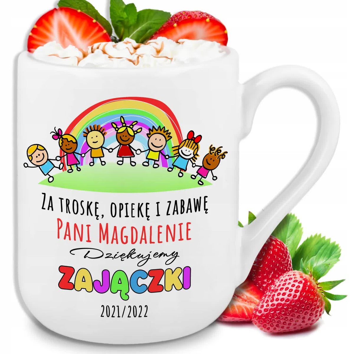 KUBEK BIAŁY PREZENT DLA PANI PRZEDSZKOLANKI NA ZAKOŃCZENIE ROKU IMIĘ