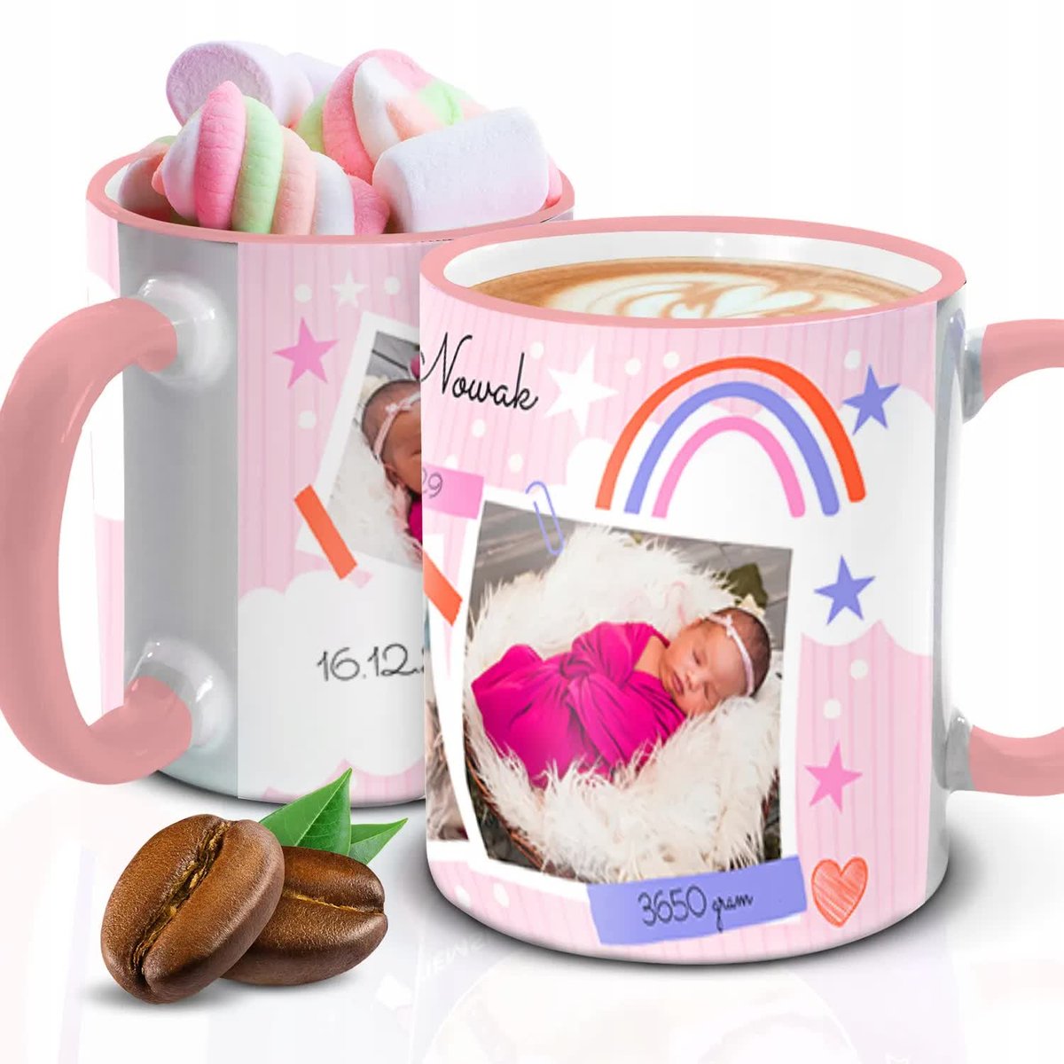 Kubek z Piankami PIERWSZY KUBEK METRYCZKA Biało Różowy Kreator