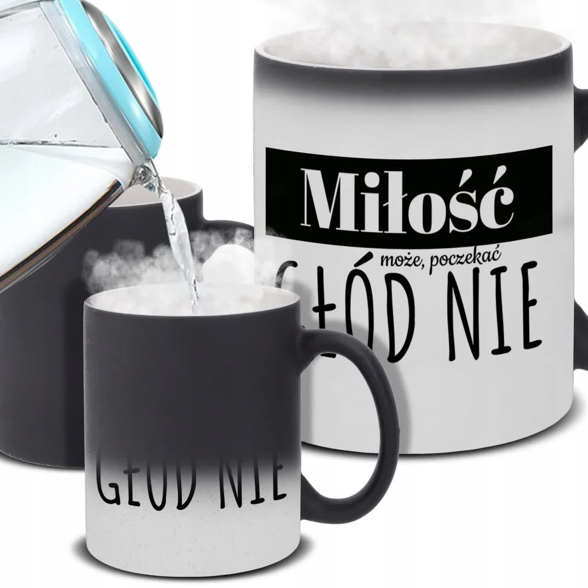 Kubek Magiczny MIŁOŚĆ MOŻE POCZEKAĆ, GŁÓD NIE Prezent Na Co Dzień Wzory