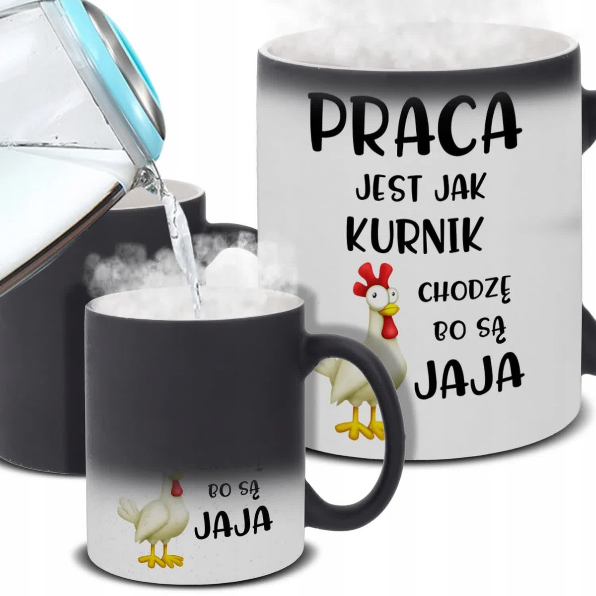 Kubek Magiczny PRACA JEST JAK KURNIK Na Prezent Śmieszne Pozytywne Wzory