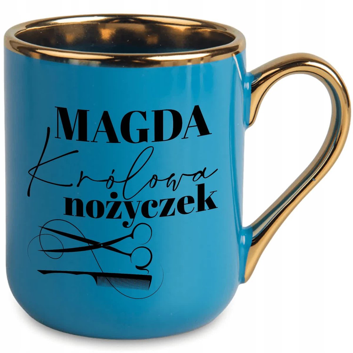 KUBEK 330 ML NIEBIESKI UCHO RANT ZŁOTY PREZENT DLA FRYZJERKI TWOJE IMIĘ
