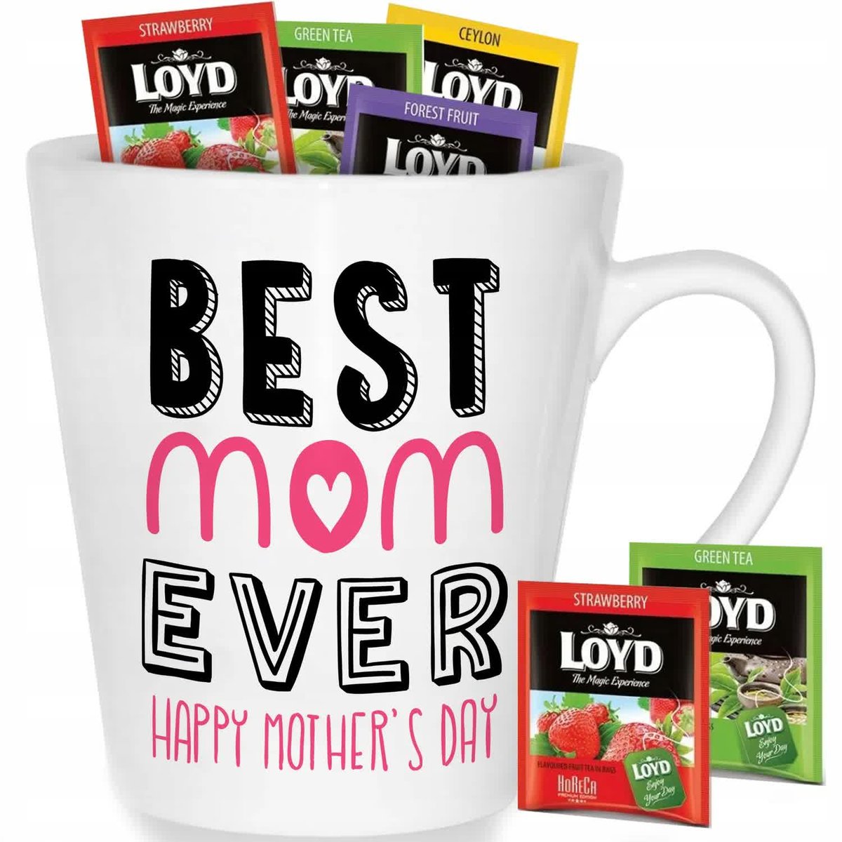 Kubek Biały Latte BEST MOM EVER Na Prezent Wzory + 8 Herbat Loyd