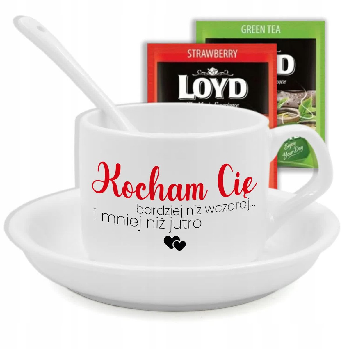 FILIŻANKA Z PODSTAWKĄ I ŁYŻECZKĄ MOTYW KOCHAM CIĘ + HERBATA LOYD WZ