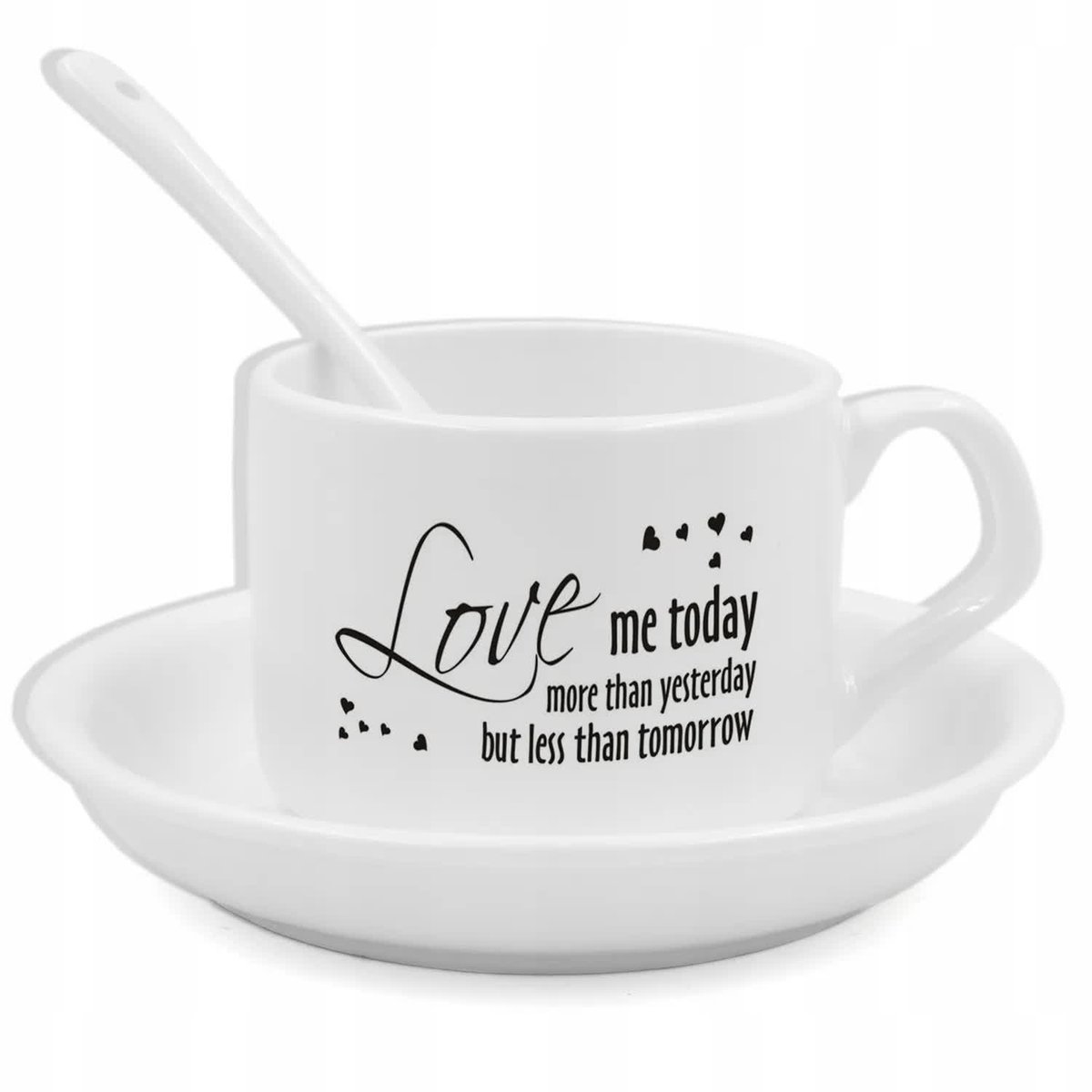 Biała Filiżanka Podstawka Łyżeczka LOVE ME TODAY MORE THAN YESTERDAY Wzory