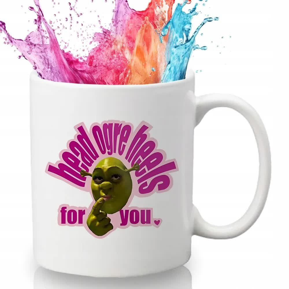 KUBEK BIAŁY Prezent Urodziny Dla Fana Shrek HEAD OGRE HEELS FOR YOU Wzory