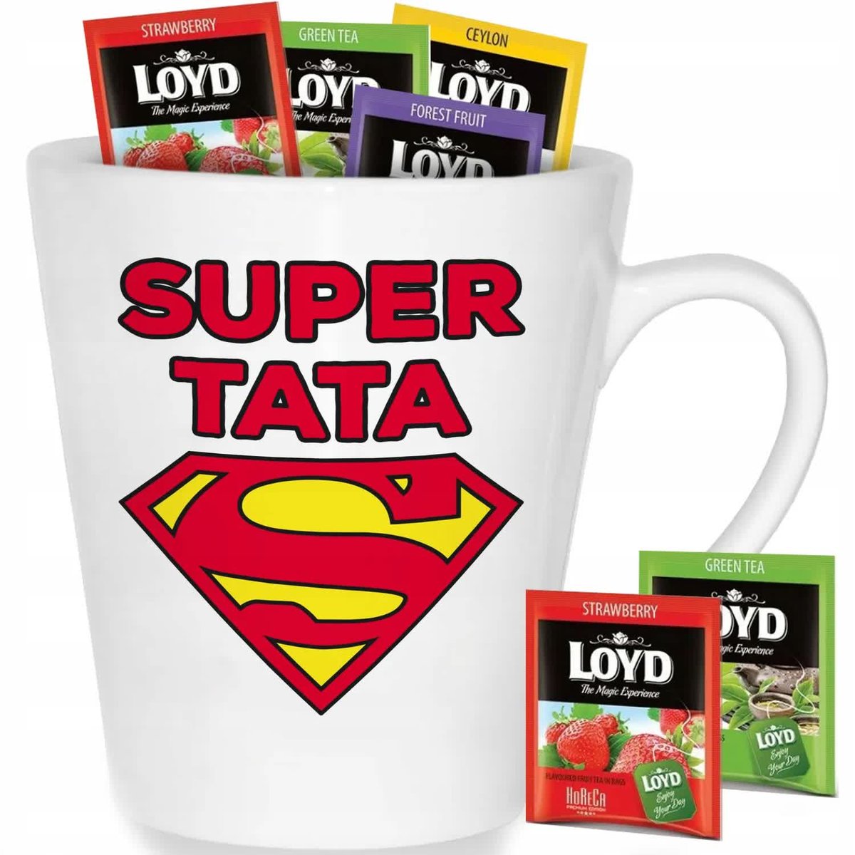 Kubek Biały Latte SUPER TATA Na Prezent Wzory + 8 Herbat Loyd