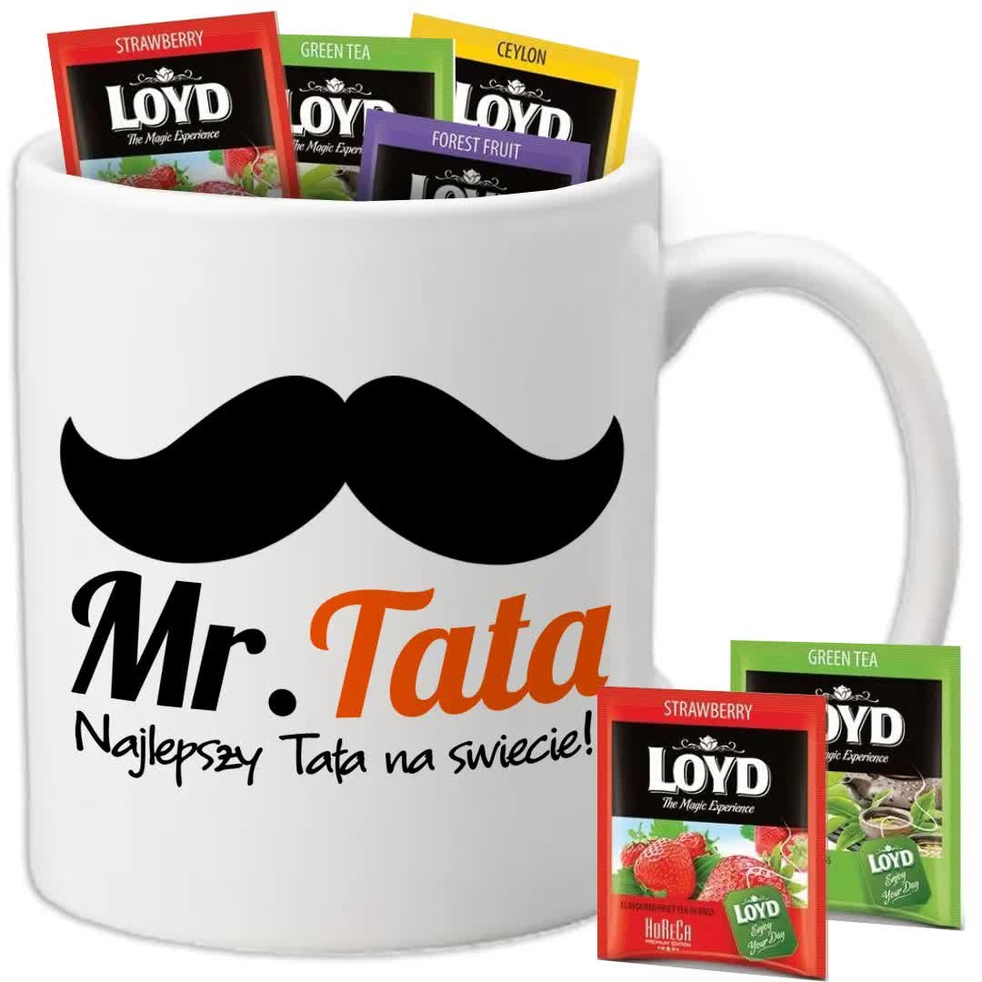 Kubek Biały MR. TATA NAJLPESZY NA ŚWIECIE + 8 Herbat Loyd Prezent Wzory