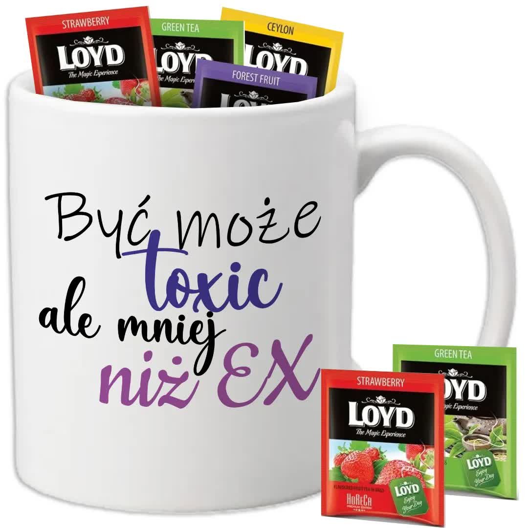 Kubek Biały TOCIX ALE MNIEJ NIŻ EX + 8 Herbat Loyd Śmieszne Wzory