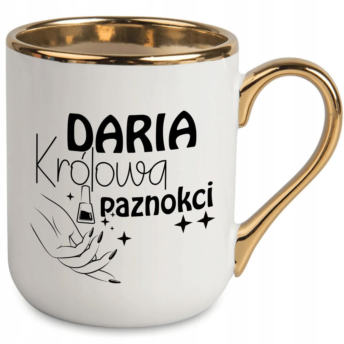 KUBEK 330 ML BIAŁY UCHO RANT ZŁOTY PREZENT DLA STYLISTKI PAZNOKCI IMIĘ