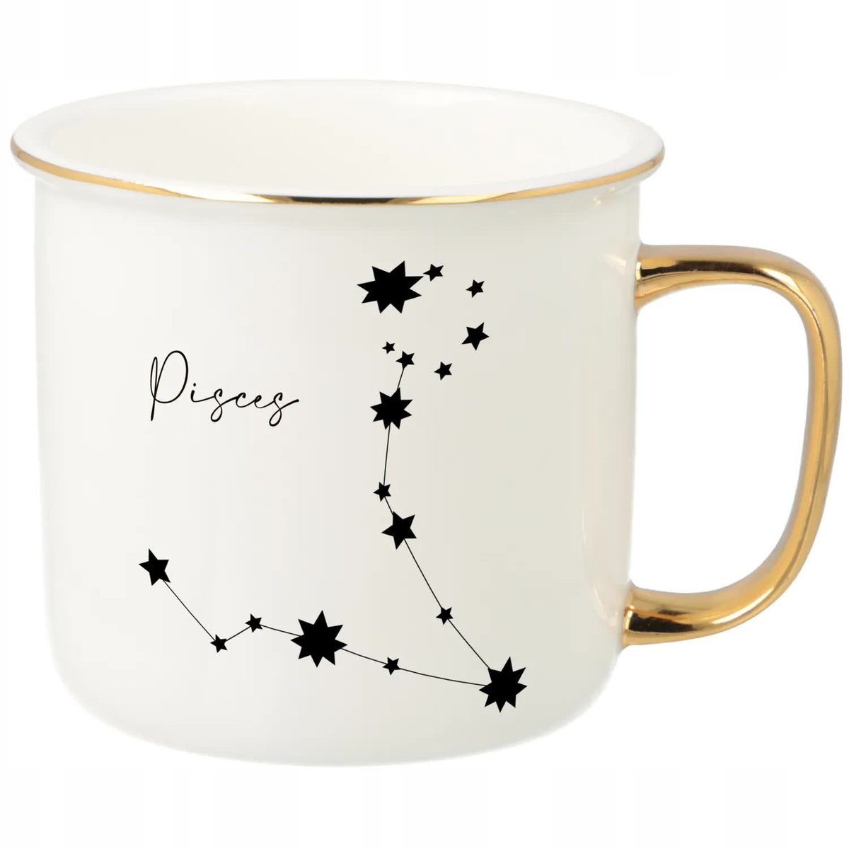 KUBEK UCHO RANT ZŁOTY PORCELANOWY RETRO PREZENT DLA ZODIAKARY PISCES WZORY