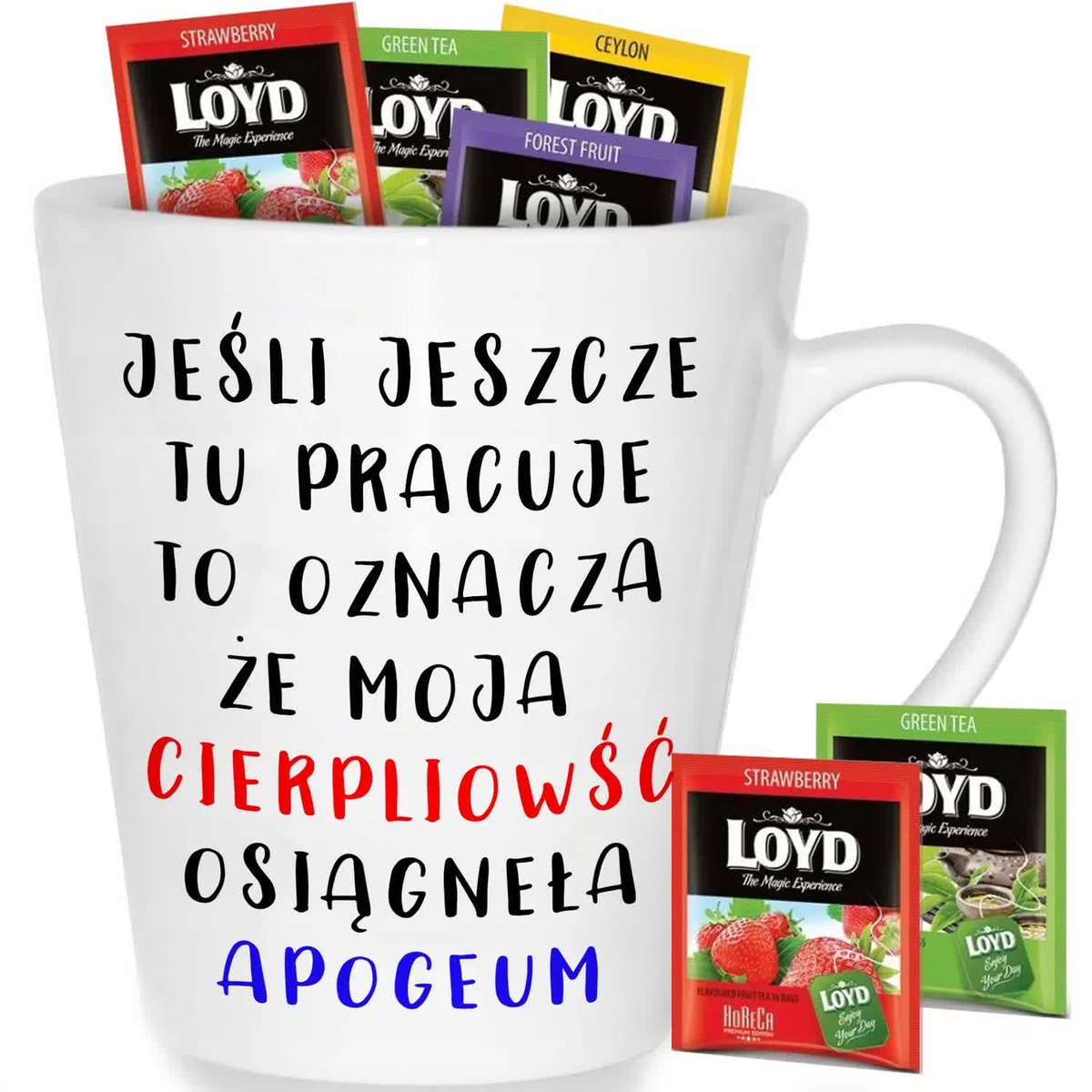 Kubek Biały Latte MOJA CIERPLIWOŚĆ OSIĄGNEŁA APOGEUM Do Pracy Zabawne Wzory
