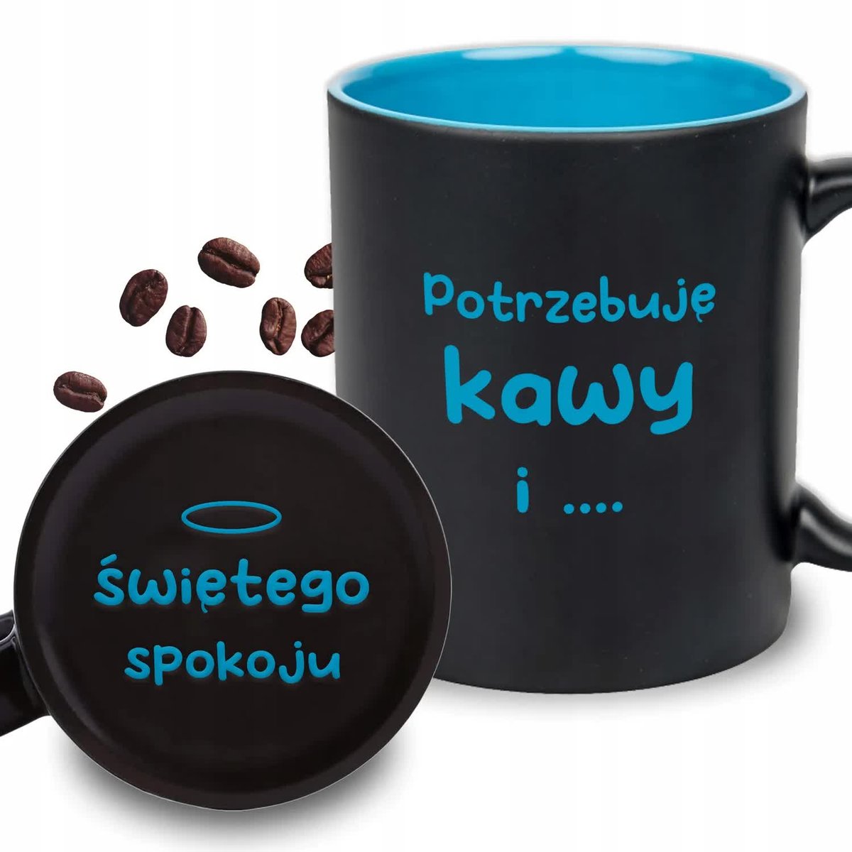 KUBEK GRAWER Niebieski Upominek Prezent POTRZEBUJE KAWY I ŚWIĘTEGO SPOKOJU