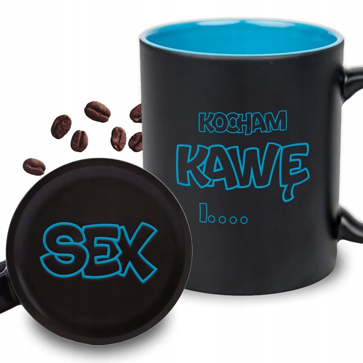 KUBEK Z GRAWEREM Niebieski Upominek Na Prezent Urodziny KOCHAM KAWĘ I SEX