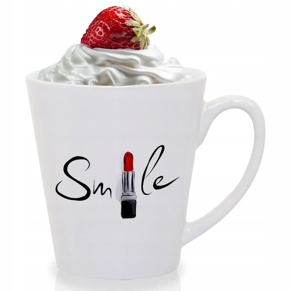 KUBEK LATTE BIAŁY PREZENT DLA KOSMETYCZKI MAKIJAŻYSTKI SMILE LIPSTICK WZORY