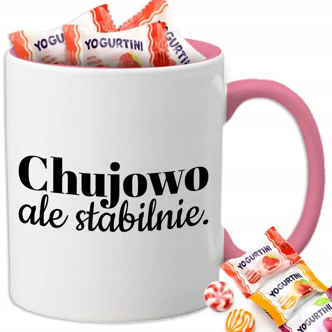 Kubek Biały Różowe Ucho Wnętrze CH*JOWO ALE STABILNIE + 8 Cukierków Wzory