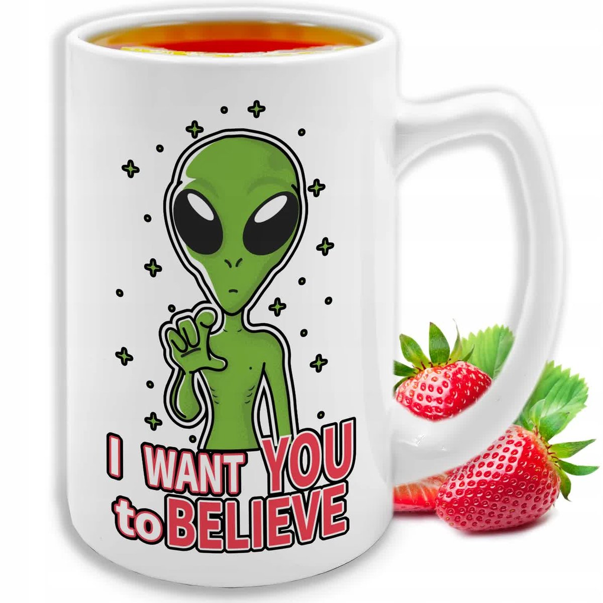 KUBEK DUŻY BIAŁY I Want You to Believe Prezent Śmieszne Pozytywne Wzory