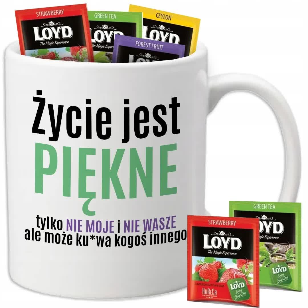 Kubek Biały ŻYCIE JEST PIĘKNE + 8 Herbat Loyd Śmieszne Mix Wzorów
