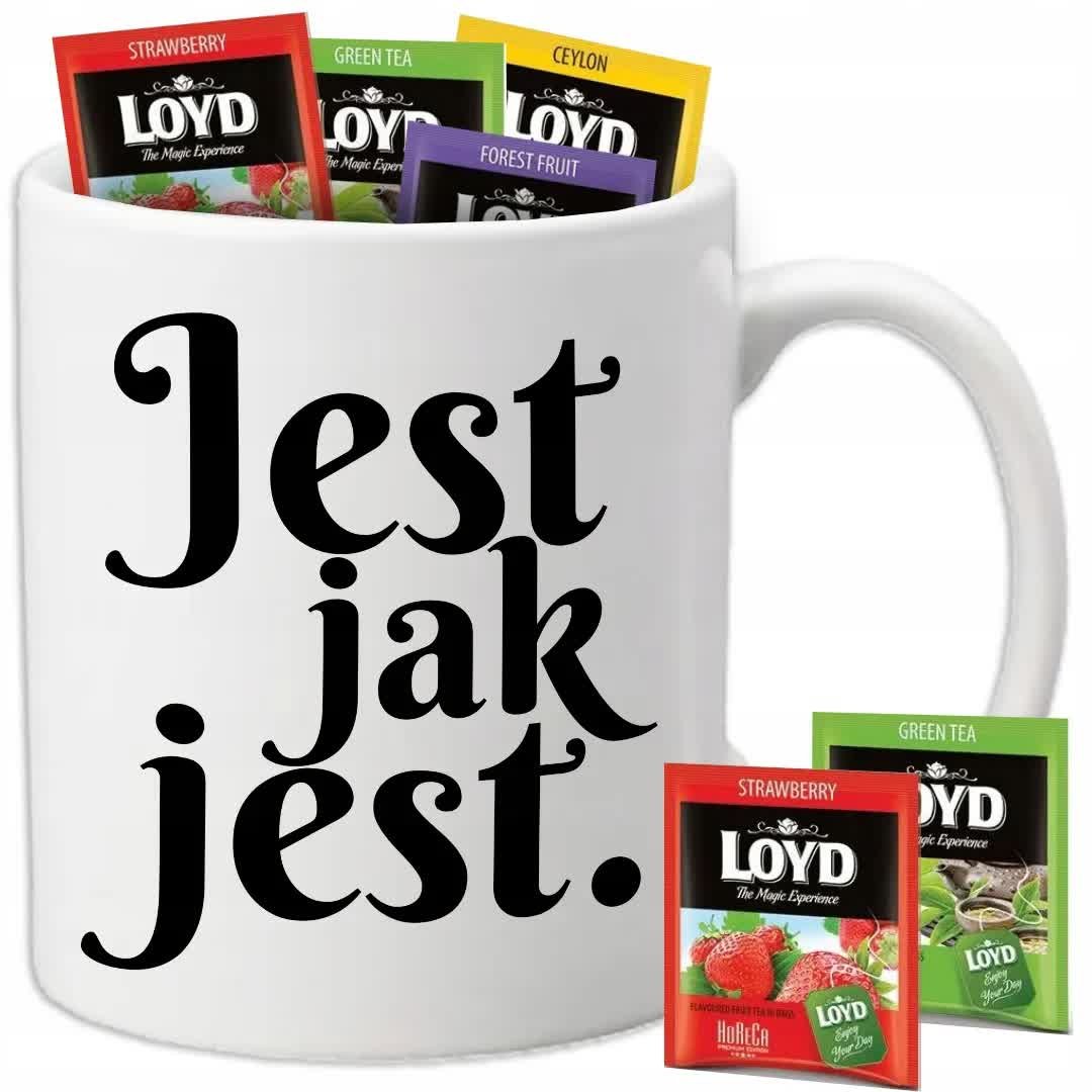 Kubek Biały JEST JAK JEST + 8 Herbat Loyd Śmieszne Mix Wzorów