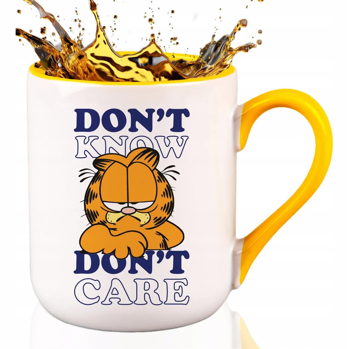 KUBEK COMBO ŻÓŁTY Na Prezent Dla Fana Garfielda DON'T KNOW DON'T CARE Wzory