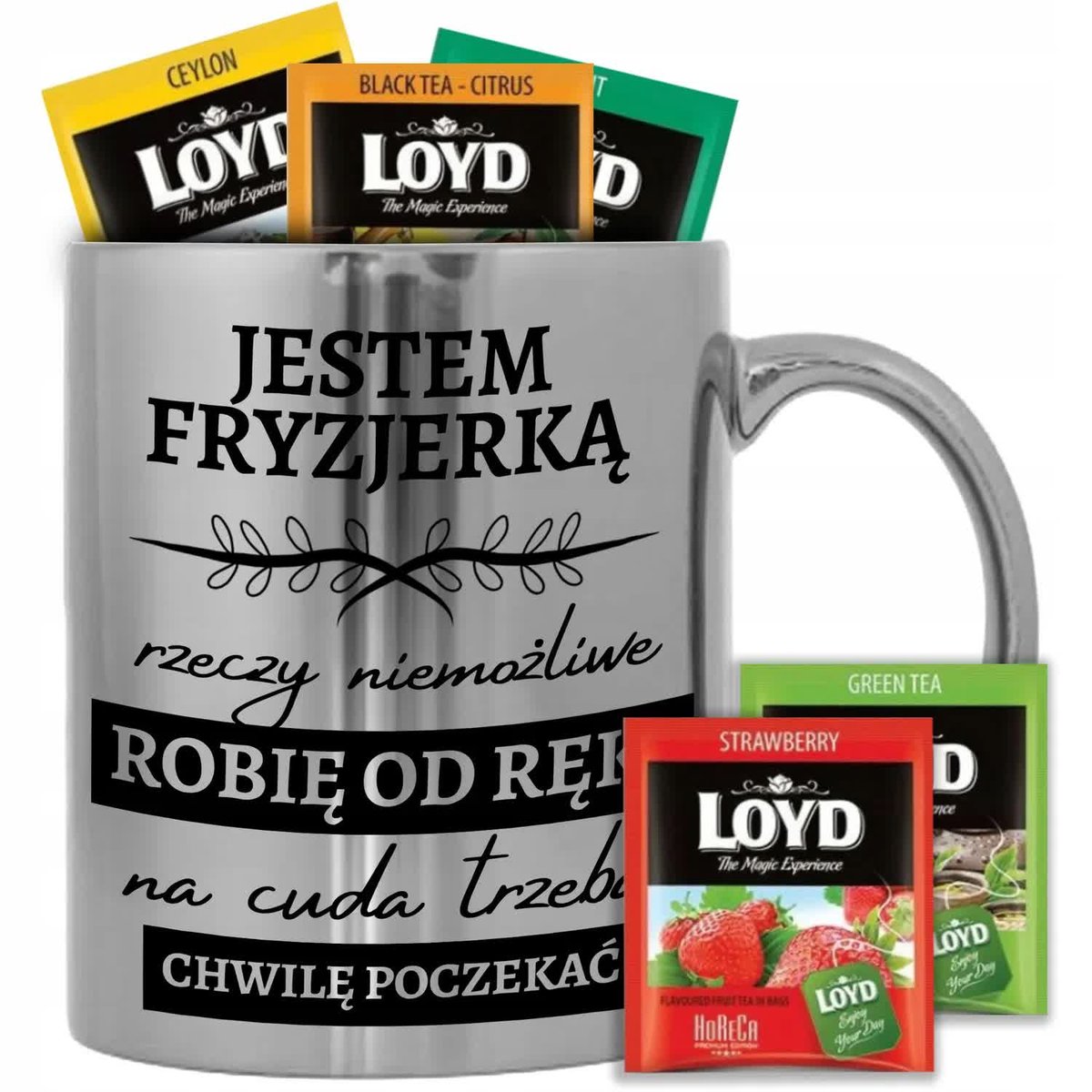 KUBEK SREBRNY PREZENT DLA FRYZJERKI 8 SZT HERBATY WZORY