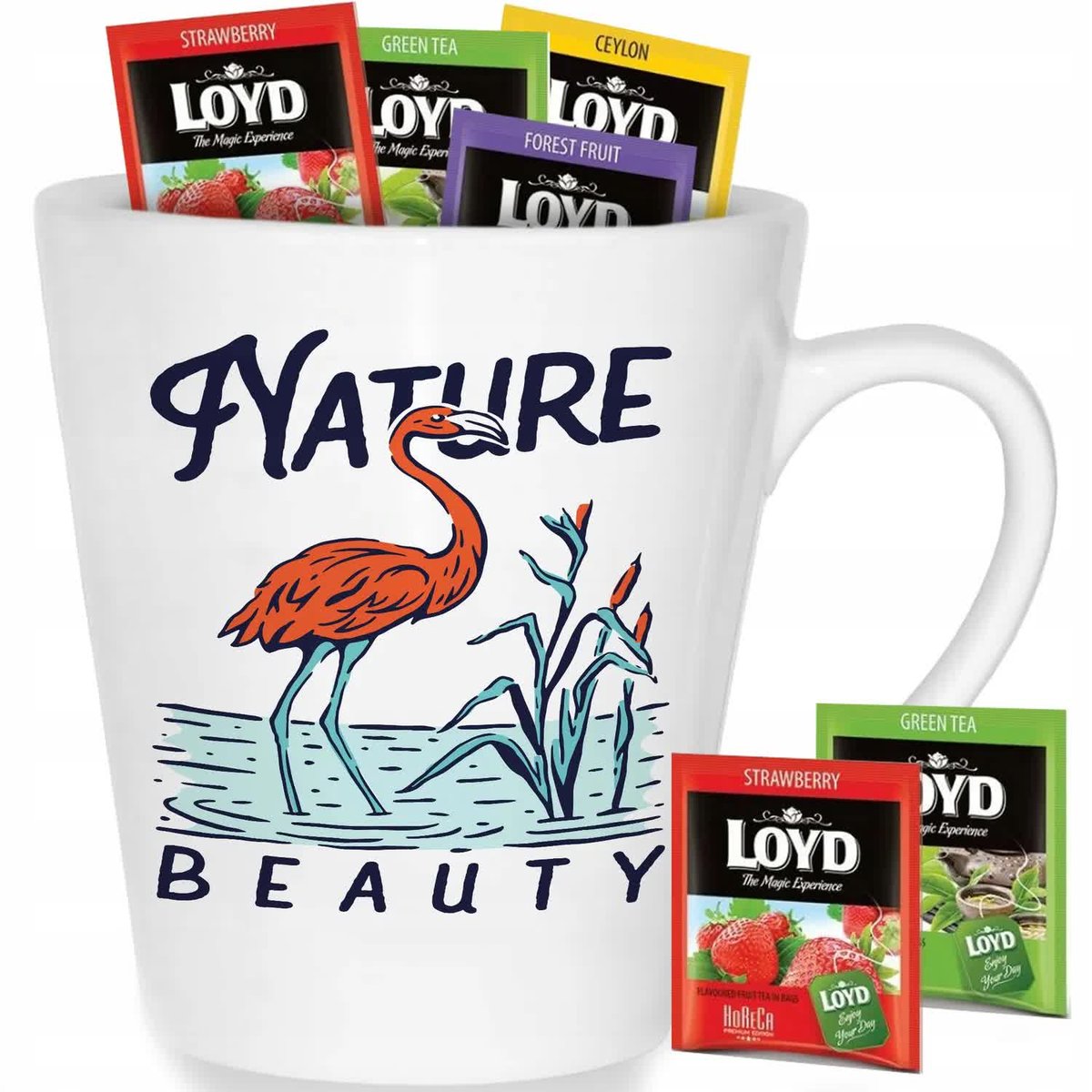 Kubek Biały Latte NATURE BEAUTY Na Prezent Wzory + 8 Herbat Loyd