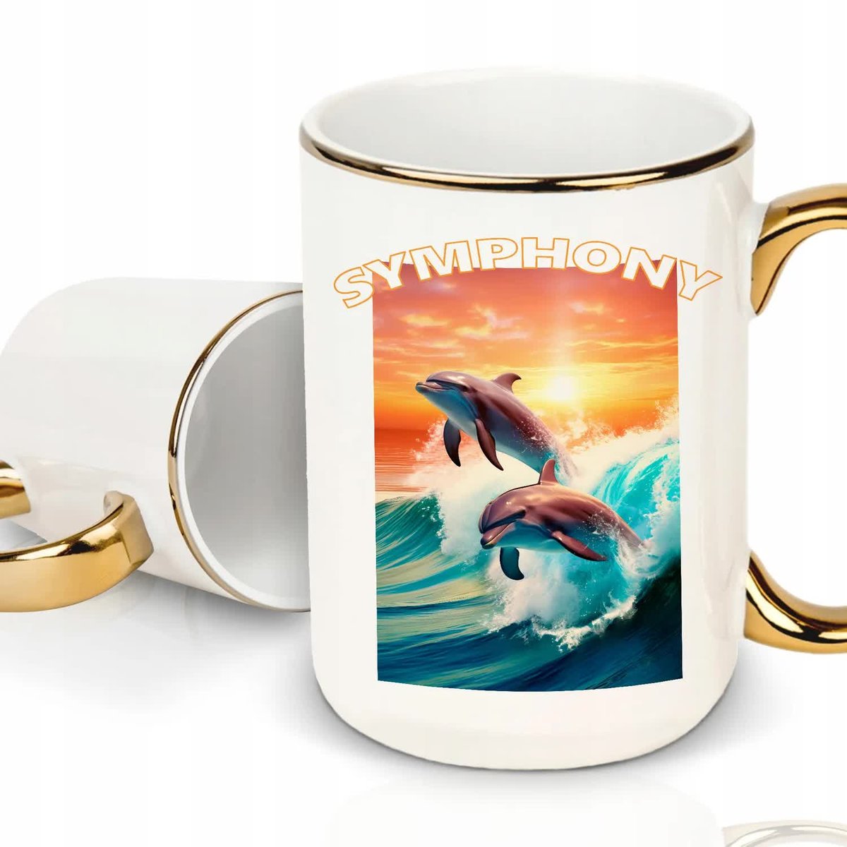 Kubek XXL Biały Rant Ucho Złote SYMPHONY Delfiny Trend Viral Wzory