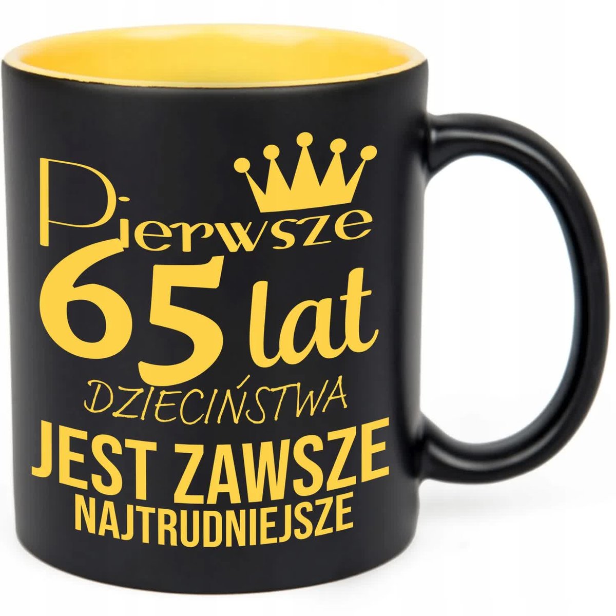 KUBEK GRAWER ŻÓŁTY PREZENT URODZINY PIERWSZE 65 LAT JEST NAJTRUDNIEJSZE WZ