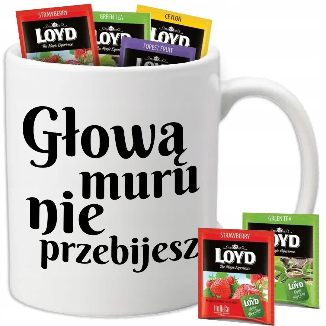 Kubek Biały GŁOWĄ MURU NIE PRZEBIJESZ + 8 Herbat Loyd Śmieszne Wzory