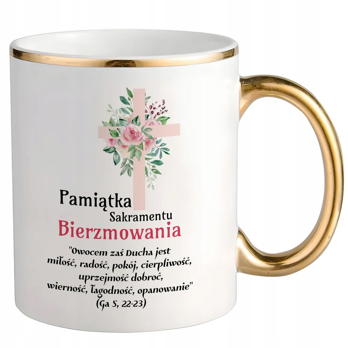 KUBEK BIAŁY PREZENT PAMIĄTKA SAKRAMENTU BIERZMOWANIA CYTATY BIBLIA WZORY