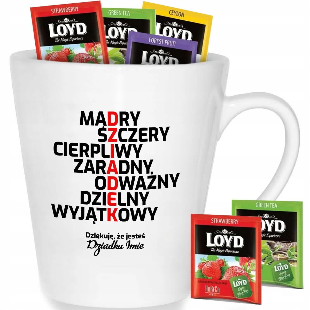 Kubek Biały DZIADEK DZIĘKUJĘ, ŻE JESTEŚ *IMIĘ* Na Prezent Dla Dziadka Wzory