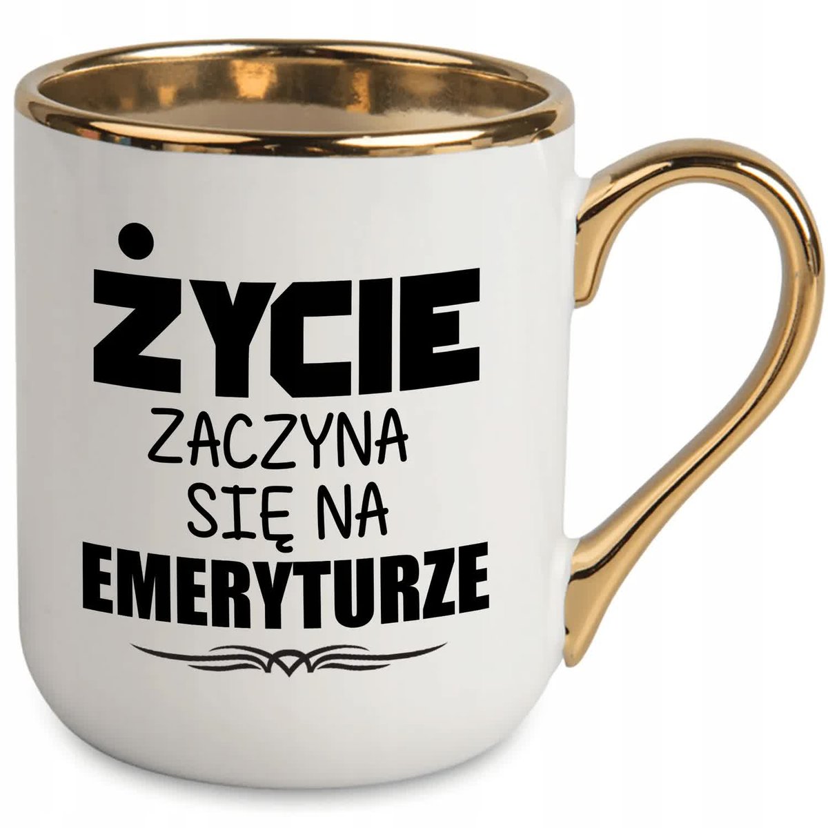 Kubek Biały Ucho Rant Złoty Prezent ŻYCIE ZACZYNA SIĘ NA EMERYTURZE Wzory