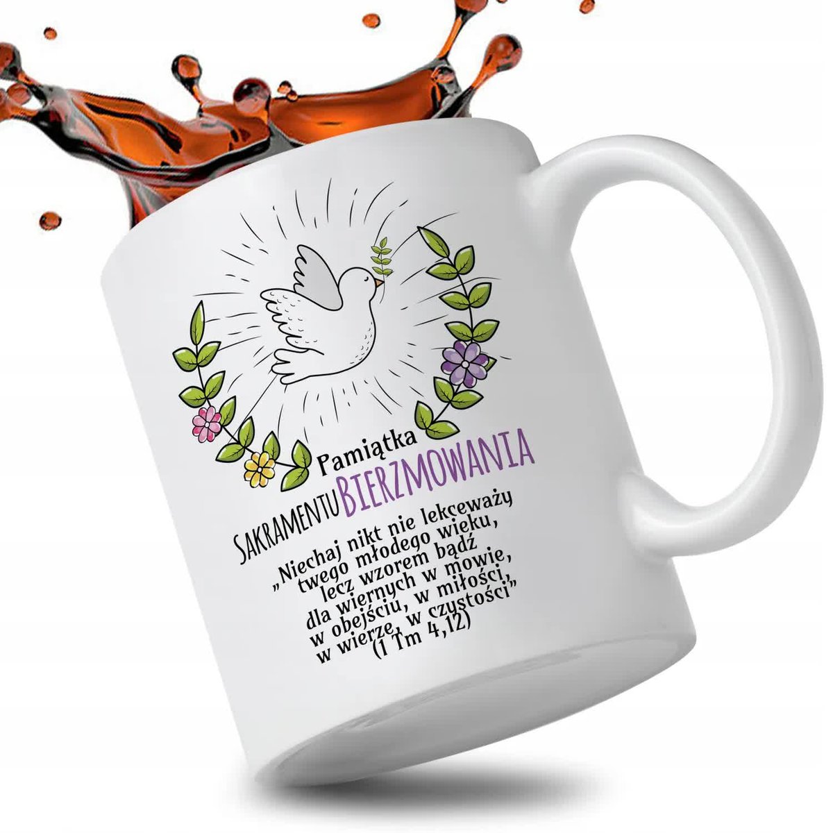 KUBEK BIAŁY PREZENT PAMIĄTKA SAKRAMENTU BIERZMOWANIA BIBLIA CYTATY WZORY