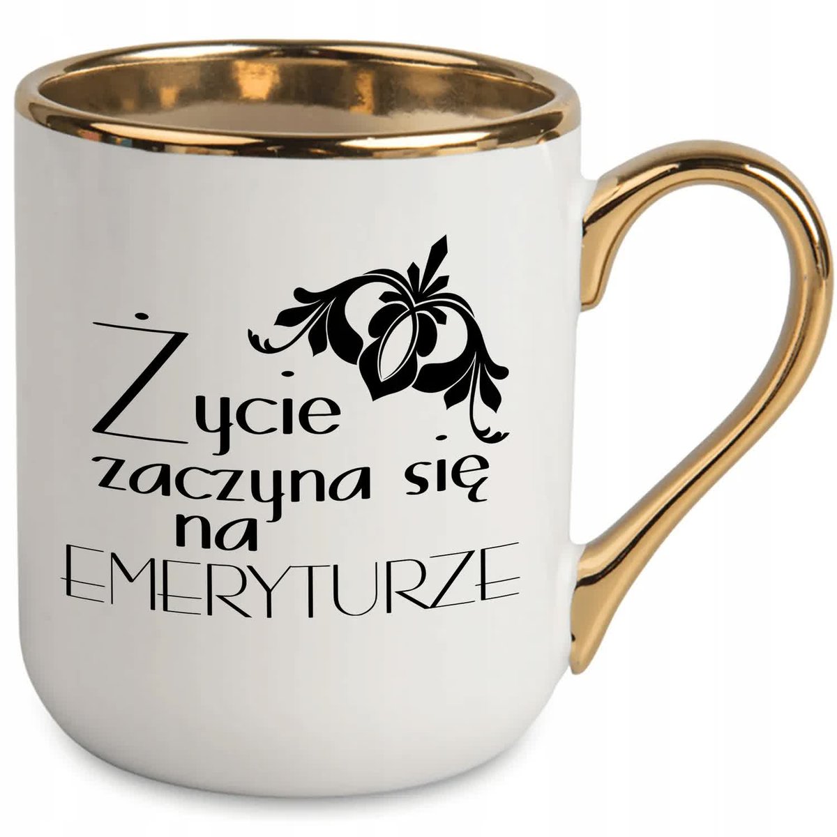 Kubek Biały Ucho Rant Złoty Prezent Życie Zaczyna się na Emeryturze Wzory